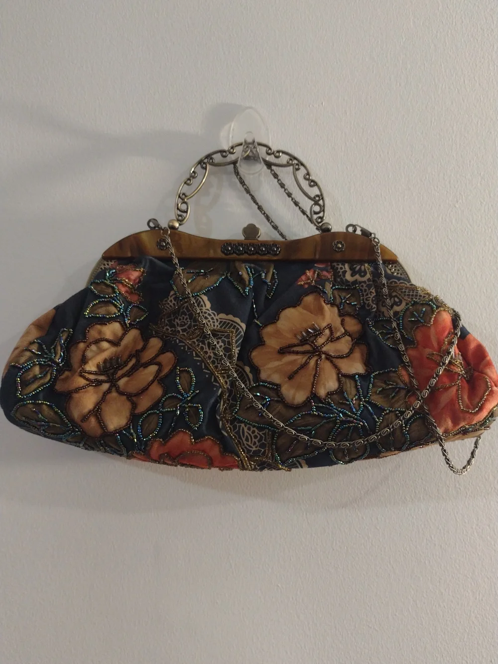 Vintage Floral Beaded Evening Clutch - Black & Tan